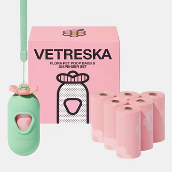 Набір біорозкладних пакетів 7 рулонів Vetreska-Flora з ароматом квіточок + диспенсер ЛІМІТОВАНИЙ НАБІР VTR077 фото