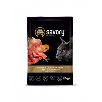 Корм вологий Savory Sterilised Cat Pouch Turkey and Carrot in Jelly для стерилізованих котів з індичкою та морквою у желе 85 г 20109 фото